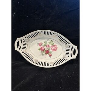 Vintage Pink Roses Reticulated Decorative Bowl Oval Gold Accents Cottage Charm